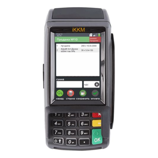 Сенсорный экран. Большой объем памяти, компактный дизайн, Встроенный GSM модуль для отправки данных. Сертифицирован Visa Pay Wave, Master Card Pay Pass, American Express