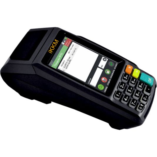 Сенсорный экран. Большой объем памяти, компактный дизайн, Wi-Fi модуль для отправки данных. Сертифицирован Visa Pay Wave, Master Card Pay Pass, American Express